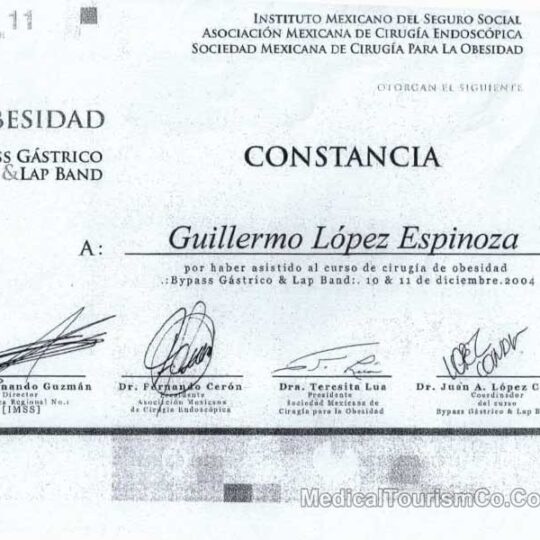 Gastric Bypass Certificate Dr. Guillermo Lopez Tijuana